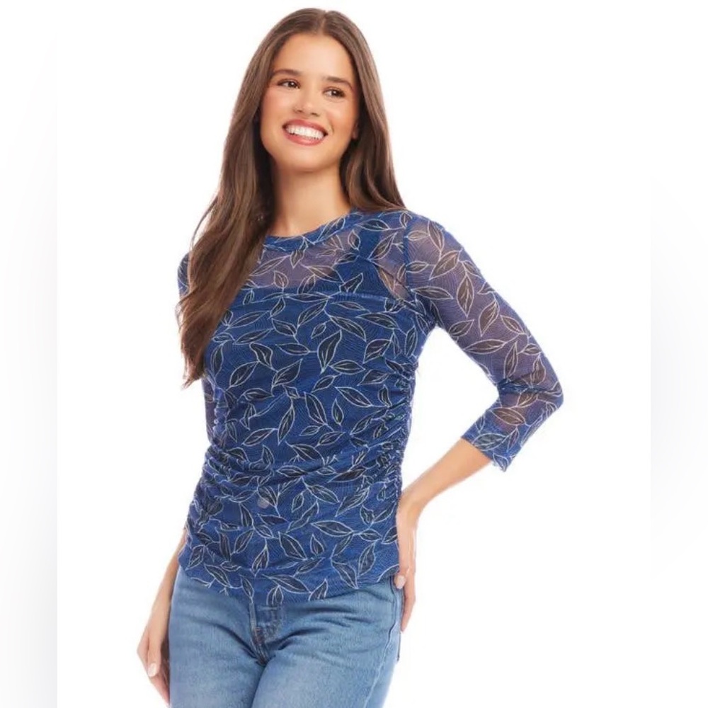 Karen Kane Blue Leaf-Print Sheer Ruched Long Sleeve Top